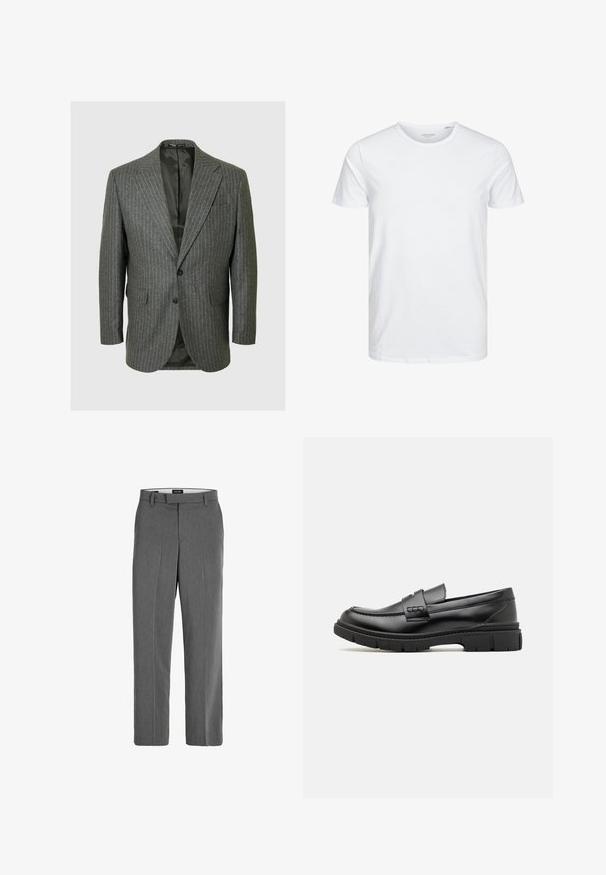 Blazer gris à rayures fines avec un col cranté, deux boutons et deux poches avant. L'intérieur est doublé d'un tissu sombre.; T-shirt à col rond à manches courtes de couleur blanche unie, fabriqué en coton doux, avec un design simple sans motifs ni accents visibles.; Pantalon gris avec une texture lisse, une coupe droite et un motif vertical subtil. Comprend des passants de ceinture et des poches avant et arrière.; Mocassin en cuir noir avec une large sangle sur le devant, semelle en caoutchouc à épaisse rainure, et texture lisse. Design classique et élégant.