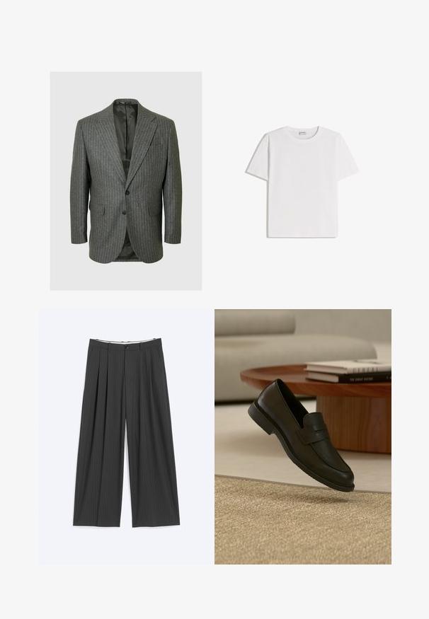 Grå stribede blazer med spidse lapeller, to knapper og to forlommer. Indersiden er foret med et mørkt stof.; Hvid bomuld T-shirt med rund halsudskæring og korte ærmer. Har en klassisk, firkantet form uden synlige mønstre eller detaljer.; Mørkegrå bukser med vide ben og diskrete nålestriber, for-ploer, bæltestropper og knaplukning, lagt fladt på en lys baggrund.; Sort læderloafer vist i luften over en beige vævet tæppe, med et træbord og stablede bøger i et blødt oplyst stue.
