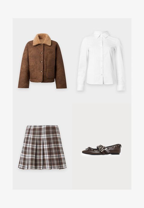 Veste en mélange de laine marron avec un col en fausse fourrure beige, boutons à l'avant, deux poches poitrine et coupe décontractée. Surface extérieure texturée.; Chemise blanche à manches longues avec boutons, col pointu, ourlet droit et silhouette ajustée, présentée sur un fond clair uni.; Jupe plissée à carreaux bruns et blancs avec un design structuré et une texture nette, présentant une taille haute et de multiples plis verticaux.; Chaussure plate en cuir marron foncé avec bout pointu, doubles brides à boucles argentées, œillets métalliques et nœud décoratif à l'avant.