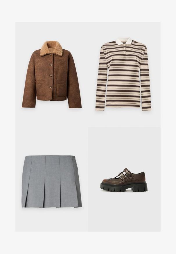 Veste en mélange de laine marron avec un col en fausse fourrure beige, boutons à l'avant, deux poches poitrine et coupe décontractée. Surface extérieure texturée.; Polo à manches longues rayé marron et beige, avec un col traditionnel et une patte de boutonnage à trois boutons ; fabriqué en tissu doux.; Jupe plissée grise avec une texture lisse, un design structuré et une taille ajustée. Fabriquée en tissu léger avec un motif subtile.; Chaussures en cuir marron avec un design découpé, deux accents de boucles en argent, semelle épaisse noire et détails de brogue le long des bords.