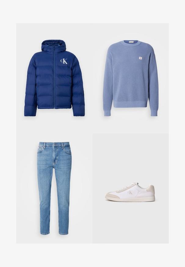 Navyblauwe gewatteerde jas met capuchon, voorrits, zijzakken en wit "cK" logo op de linkerborst.; Lichtblauwe gebreide trui met een geribbelde textuur, ronde halslijn en een iets oversized pasvorm. Voorzien van een klein logo-label op de borst.; Lichtblauwe denim jeans met een rechte pasvorm, vijf zakken en subtiele vervaging. Voorzien van een knoopsluiting en riemlussen.; Witte en beige lage sneaker met vetersluiting, suède accenten en "cK"-logo op de zijkant, zijaanzicht tegen een effen achtergrond weergegeven.
