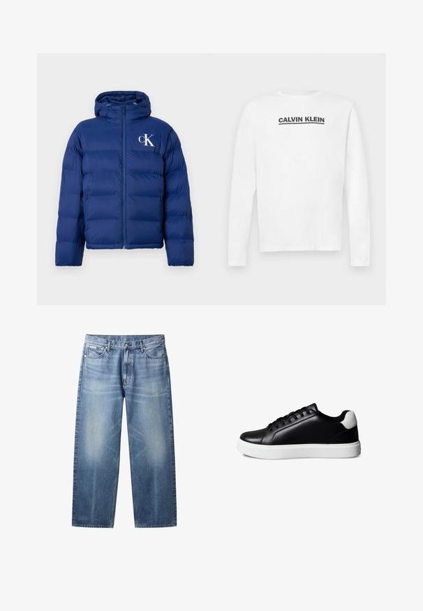 Marineblaue Steppjacke mit Kapuze, Frontreißverschluss, Seitentaschen und weißem "cK"-Logo auf der linken Brust.; Weißes Langarmshirt aus Baumwolle mit einem schwarzen "CALVIN KLEIN"-Logo auf der Brust und Rundhalsausschnitt. Glatte Textur.; Hellblaue Jeans mit geradem Bein, ausgewaschenen Bereichen, fünf Taschen, Knopfverschluss und Calvin Klein-Label an der rechten Vordertasche.; Schwarzer Leder-Sneaker mit niedrigem Schaft, schwarzen Schnürsenkeln, weißer Gummisohle und weißem Wildleder-Akzent an der Ferse, im Seitenprofil auf weißem Hintergrund dargestellt.