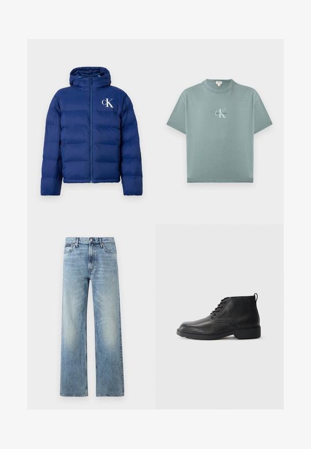 Navyblauwe gewatteerde jas met capuchon, voorrits, zijzakken en wit "cK" logo op de linkerborst.; Licht turquoise T-shirt met korte mouwen en ronde hals, met een centraal geplaatst Calvin Klein-logo in witte en zwarte letters op de voorkant.; Lichtblauwe denim jeans met rechte pijpen, een hoge taille, vijf zakken, knoopsluiting en subtiele vervaging op de dijen en knieën.; Zwarte leren laarzen met een gestructureerde afwerking, ronde neus, vetersluiting aan de voorkant en een stevige rubberen zool. Voorzien van een klein aantreklipje aan de achterkant.