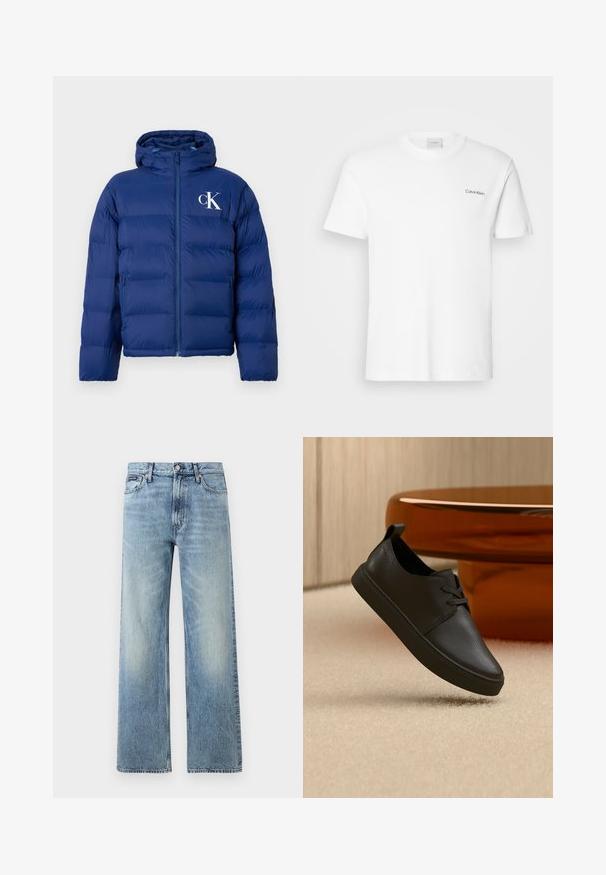 Navyblauwe gewatteerde jas met capuchon, voorrits, zijzakken en wit "cK" logo op de linkerborst.; Witte katoen T-shirt met korte mouwen en een ronde hals. Bevat een klein zwart "Calvin Klein" logo op de linkerborst.; Lichtblauwe denim jeans met rechte pijpen, een hoge taille, vijf zakken, knoopsluiting en subtiele vervaging op de dijen en knieën.; Zwarte leren casual sneaker met veters, zwevend boven een beige tapijt, met een amberen glazen ronde tafel op de achtergrond.