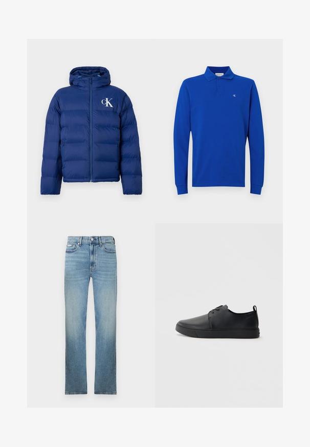 Navyblauwe gewatteerde jas met capuchon, voorrits, zijzakken en wit "cK" logo op de linkerborst.; Blauwe polo met lange mouwen, gemaakt van katoen, met een twee-knopen kraag en klein geborduurd logo op de borst. Gladde textuur.; Lichtblauwe spijkerbroek met rechte pijpen, ontwerp met vijf zakken en een vervaagde afwerking. Voorzien van een knoopsluiting en riemlussen.; Zwarte leren sneaker met een gladde afwerking, ronde neus, tonale stiknaden, vetersluiting aan de voorkant en een vlakke rubberen zool. Lussje aan de hak.