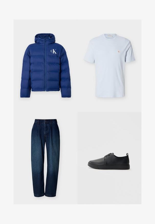 Navyblauwe gewatteerde jas met capuchon, voorrits, zijzakken en wit "cK" logo op de linkerborst.; Lichtblauw T-shirt met korte mouwen van wafelstructuur, ronde hals en een klein rood "CK" logo-patch op de linkerborst.; Donkerblauwe jeans met hoge taille, rechte pijpen, knoop- en ritssluiting, taillebandlussen en subtiele stikdetails, afgebeeld op een witte achtergrond.; Zwarte leren sneaker met een gladde afwerking, ronde neus, tonale stiknaden, vetersluiting aan de voorkant en een vlakke rubberen zool. Lussje aan de hak.