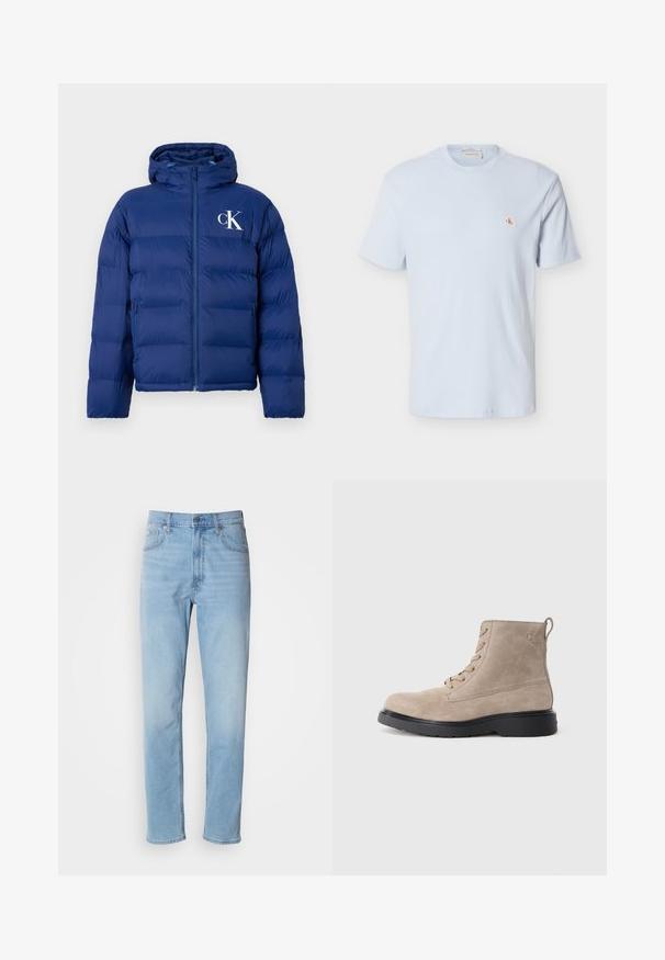 Marineblaue Steppjacke mit Kapuze, Frontreißverschluss, Seitentaschen und weißem "cK"-Logo auf der linken Brust.; Hellblaues, kurzärmeliges Waffelstrick-T-Shirt mit Rundhalsausschnitt und kleinem rotem "CK"-Logo-Patch auf der linken Brust.; Hellblaue Jeans mit geradem Schnitt, fünf Taschen und Gürtelschlaufen. Der Stoff hat eine glatte Textur mit einem leichten Verblassungseffekt.; Beige Wildleder-Ankle Boots mit schwarzer Gummisohle, Schnürdesign und kleinem, seitlich eingeprägtem Logo, ausgestattet mit einer Zuglasche am Hinterkopf.