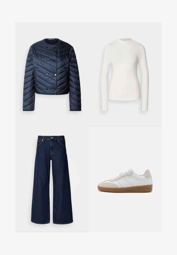 Námornícky modrá prešívaná bunda s cropped strihom, chevronovým prešívaním, dvojradovým zapínaním a bočnými vreckami. Hladká, lesklá textúra.; Biely top s dlhým rukávom a vysokým golierom, rebrovaná štruktúra a priliehavý strih. Vyznačuje sa bezšvovým vzhľadom a jemným tvarom V na prednej strane.; Široké tmavomodré denimové džínsy s vysokým pásom, prednými vreckami a zapínaním na gombík. Obsahujú kontrastné švy a hladkú textúru.; Biele kožené tenisky s béžovými semišovými akcentmi, textúrovaným jazykom a gumovou podrážkou. Obsahuje biele šnúrky a nenápadné šité detaily.