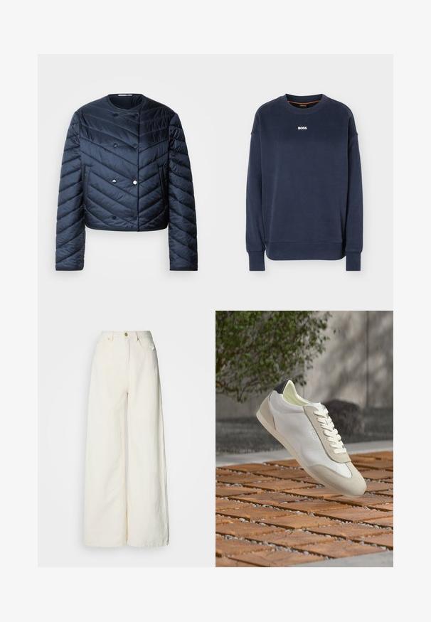 Marineblauwe pufferjack met een cropped ontwerp, chevron quiltpatroon, dubbelrijgknopen en zijzakken. Gladde, glanzende textuur.; Marineblauwe, lange mouwen, ronde hals sweatshirt met geribbelde manchetten en zoom, met een wit "BOSS"-logo in het midden van de borst.; Wijde broek gemaakt van lichtgewicht stof in off-white. Heeft een hoge taille, zakken aan de voorkant en een knoopsluiting.; Witte en beige casual sneaker met zwarte hieldetail, witte veters en "BOSS"-branding, zwevend boven houten blokstraat buiten.
