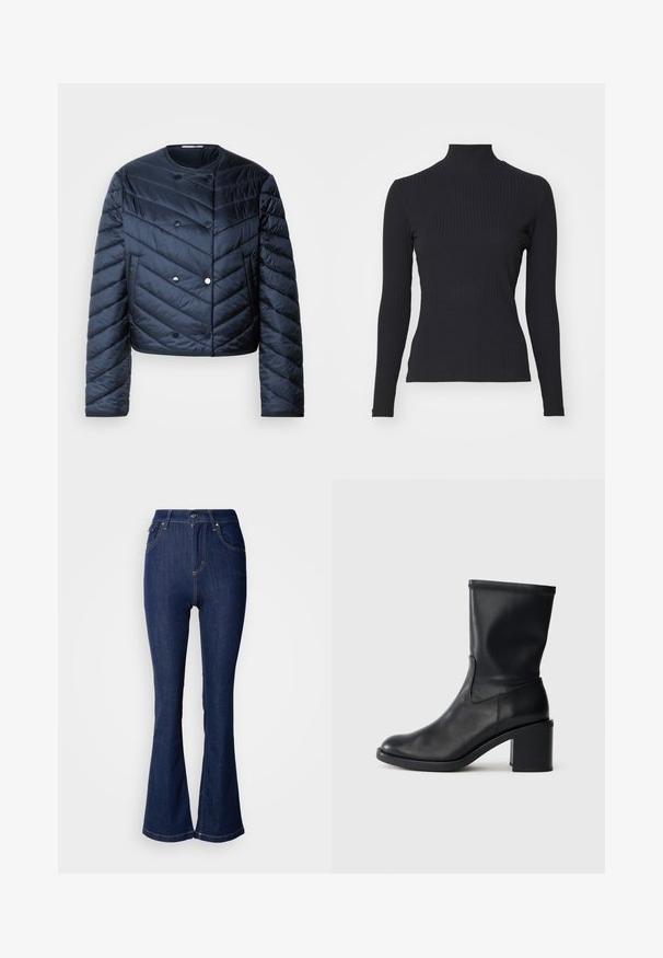 Marineblaue Steppjacke mit cropped Design, Zickzack-Steppung, Doppelknopfverschluss und seitlichen Taschen. Glatte, glänzende Textur.; Schwarzes, geripptes Rollkragenoberteil mit langen Ärmeln. Aus dehnbarem Stoff mit figurbetonter Passform und hohem Kragen. Einfaches Design ohne Verzierungen.; Dunkelblaue Schlagjeans aus Denim mit hoher Taille, mit Fronttaschen, kontrastierendem Nähen und Knopfverschluss.; Schwarze Leder-Ankle Boots mit runder Zehenform, glatter Oberfläche und dicker Absatz, ausgestattet mit einem eng anliegenden Schaft und subtilen Nähten.