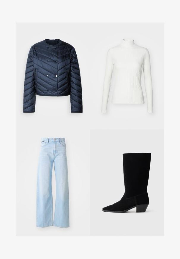 Marineblå pufferjakke med cropped design, chevron quiltning, dobbeltknaplukning og sidelommer. Glat, shiny overflade.; Hvid ribbet turtleneck blouse med lange ærmer, lavet af elastisk stof. Har et tætsiddende design og høj hals for god dækning.; Lyseblå bredbensbukser lavet af denim, med høj talje, forlommer, knaplukning og syet kantdetalje.; Sort ruskind ankelstøvle med spidse tæer, mellemhøj skaft og en chunky hæl. Fuldender et minimalistisk design med lidt syninger og en glat tekstur.