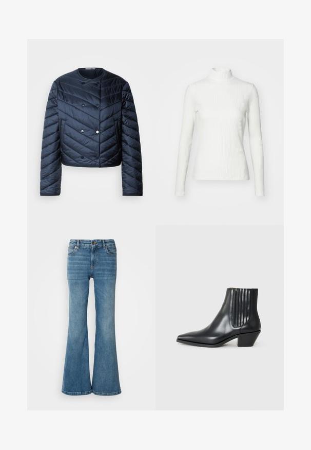 Námornícky modrá prešívaná bunda s cropped strihom, chevronovým prešívaním, dvojradovým zapínaním a bočnými vreckami. Hladká, lesklá textúra.; Biely rebrovaný rolák s dlhými rukávmi, vyrobený z elastického materiálu. Má priliehavý strih a vysoký golier pre lepšie zakrytie.; Svetlo modré rozšírené džínsy z denimu, so piatimi vreckami, viditeľným šitím a zapínaním na gombík a zips v páse.; Čierna kožená členková topánka s špicatou špičkou, elastickými bočnými panelmi s vertikálnymi drážkami a nízkym blokovým podpätkom. Hladká textura a elegantný dizajn.