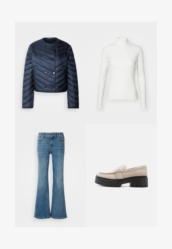 Námornícky modrá prešívaná bunda s cropped strihom, chevronovým prešívaním, dvojradovým zapínaním a bočnými vreckami. Hladká, lesklá textúra.; Biely rebrovaný rolák s dlhými rukávmi, vyrobený z elastického materiálu. Má priliehavý strih a vysoký golier pre lepšie zakrytie.; Svetlo modré rozšírené džínsy z denimu, so piatimi vreckami, viditeľným šitím a zapínaním na gombík a zips v páse.; Béžový semišový mokasín so striebornou sponou a hrubou čiernou robustnou podrážkou, bočný pohľad na bielom pozadí.
