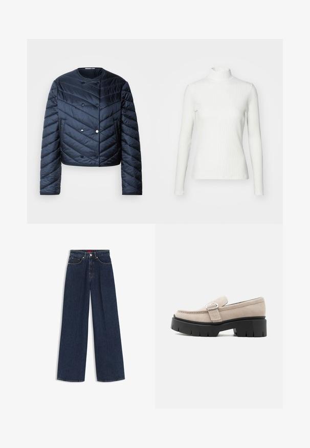 Námornícky modrá prešívaná bunda s cropped strihom, chevronovým prešívaním, dvojradovým zapínaním a bočnými vreckami. Hladká, lesklá textúra.; Biely rebrovaný rolák s dlhými rukávmi, vyrobený z elastického materiálu. Má priliehavý strih a vysoký golier pre lepšie zakrytie.; Tmavomodré džínsové nohavice s širokými nohavicami, predným gombíkom, zipsom, piatimi vreckami a jemným logom značky na malom prednom vrecku.; Béžový semišový mokasín so striebornou sponou a hrubou čiernou robustnou podrážkou, bočný pohľad na bielom pozadí.