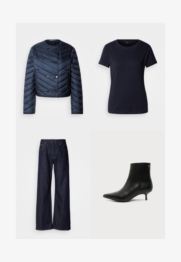 Marineblaue Steppjacke mit cropped Design, Zickzack-Steppung, Doppelknopfverschluss und seitlichen Taschen. Glatte, glänzende Textur.; Marineblaues Kurzarm-T-Shirt aus Baumwolle mit Rundhalsausschnitt und einem kleinen gestickten Logo auf der Brust. Glatte Textur.; Weite dunkelblaue Jeans mit hoher Taille, vorderen Taschen und subtilen Nähdetails. Glatte Textur mit klassischem Schnitt.; Schwarzer Leder-Knöchel-Stiefel mit spitzer Spitze und niedrigem Kittenabsatz vor hellem Hintergrund, seitliche Ansicht.