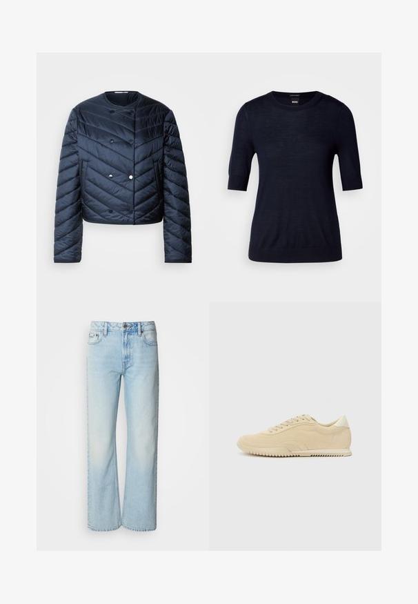 Námornícky modrá prešívaná bunda s cropped strihom, chevronovým prešívaním, dvojradovým zapínaním a bočnými vreckami. Hladká, lesklá textúra.; Námornícky modrý krátky rukáv sveter vyrobený z ľahkého pleteného materiálu. Má okrúhly výstrih a rebrovaný lem pre prispôsobený vzhľad.; Svetlomodré široké džínsy vyrobené z denimu, s klasickým päť-pocket dizajnom a jemnou vyblednutou textúrou. Švy z denimu sú viditeľné.; Béžové semišové tenisky s viazaním, textúrovaným zvrškom, kontrastnou gumovou podrážkou a miernym podpätkom. Minimalistický štýl s decentným brandingom.