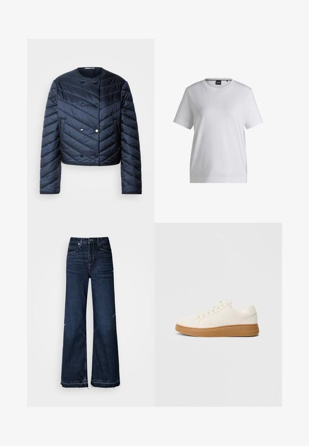 Námornícky modrá prešívaná bunda s cropped strihom, chevronovým prešívaním, dvojradovým zapínaním a bočnými vreckami. Hladká, lesklá textúra.; Biela bavlnená tričko s okrúhlym výstrihom, krátkymi rukávmi a voľným strihom. Obsahuje malú značkovú nálepku blízko goliera.; Rifle s vysokým pásom a širokými nohavicami vyrobené z tmavého denimu. Majú ošúchané lemy a dizajn s piatimi vreckami so zvýrazneným šitím.; Biele plátené tenisky s podrážkou z prírodnej gumy. Zaoblená špička, šnurovanie a prešívané detaily pozdĺž podrážky pre zdôraznenie dizajnu.