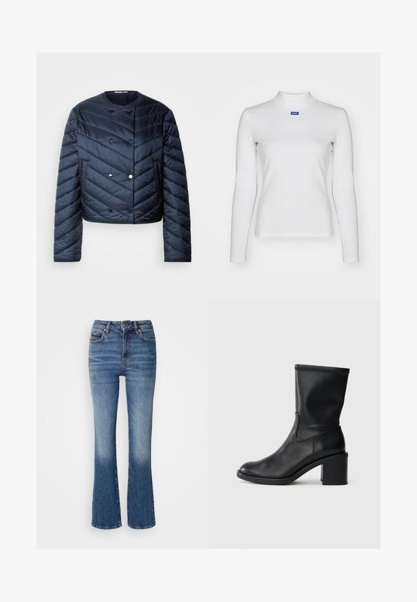 Marineblå pufferjakke med cropped design, chevron quiltning, dobbeltknaplukning og sidelommer. Glat, shiny overflade.; Hvid langærmet turtleneck-top lavet af strækstof, med en tætsiddende design og et lille blåt logo på brystet.; Denim flared jeans i lys til mørk blå gradient, med høj talje, fem lommer og lys falming på de nederste ben.; Sort læder ankelstøvle med rund tå, glat tekstur og en grov hæl, der har et tætsiddende skaft og subtil syning.