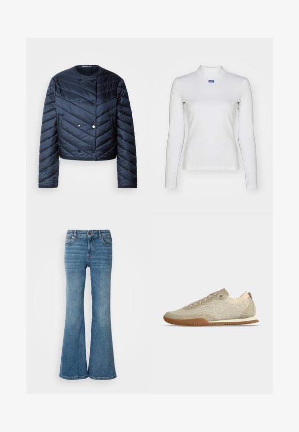 Námornícky modrá prešívaná bunda s cropped strihom, chevronovým prešívaním, dvojradovým zapínaním a bočnými vreckami. Hladká, lesklá textúra.; Biely dlhý rukáv turtleneck top vyrobený z elastického materiálu, s priliehavým strihom a malým modrým logom na hrudi.; Svetlo modré rozšírené džínsy z denimu, so piatimi vreckami, viditeľným šitím a zapínaním na gombík a zips v páse.; Béžové pletené tenisky s šnurovaním vpredu, flexibilnou gumovou podrážkou, rebrovaným lemom na členku a vyšitým logom na boku.
