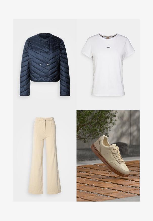 Námornícky modrá prešívaná bunda s cropped strihom, chevronovým prešívaním, dvojradovým zapínaním a bočnými vreckami. Hladká, lesklá textúra.; Biela bavlnená tričko s krátkymi rukávmi, okrúhlym výstrihom a malým čiernym logom "BOSS" na hrudi, s hladkou textúrou.; Béžové široké džínsy s vysokým pásom, prednými vreckami a kontrastným šitím, so zapínaním na gombík a hladkou bavlnenou textúrou.; Béžový kožený teniska s hnedou podrážkou visiaci nad dlaždicovou vonkajšou plochou s rozptýlenými malými kameňmi a zeleným listnatým pozadím.