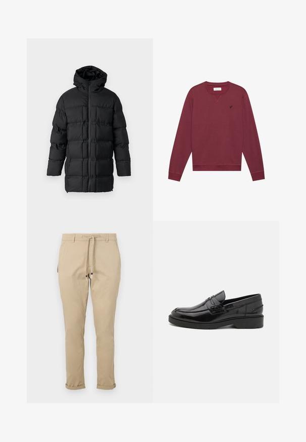 Must on must teguri jope, millel on kapuuts, lukuga sulgemine, tikandiga disain, millel on ristkülikukujulised paneelid ja sile tekstuur.; Burgundi värvi pikkade varrukatega crewneck sweatshirth, mille vasakul rinnal on väike must tikandiga linnu logo ning soonikkoes varrukate ja alt äär. ; Bežid nööriga püksid kitseneva lõikega, küljetaskute ja mansettidega, et saavutada voolav disain. Valmistatud kergest kangast.; Mustad mustad nahast loaferid, millel on sile viimistlus, ümar varvas, madal konts ja dekoratiivne õmblus esiküljel. Kummist välistald, mis tagab haarde.