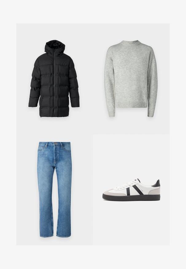 Must on must teguri jope, millel on kapuuts, lukuga sulgemine, tikandiga disain, millel on ristkülikukujulised paneelid ja sile tekstuur.; Heledad hall hallide sweater, kootud tekstuur, ümmargune kaelus, pikad varrukad, ribakujuline äär ja mansetid, lõdva lõikega, minimalismige disain.; Heledad sinised teksad sirge lõikega, klassikalise viie tasku disainiga, nööpnõelaga kinnitamine ja kontrastsete õmblustega.; Valged tossud mustade ja hallide aktsentidega, tekstureeritud halli varbakattega, musta kummitald ja lamedad valged paelad. Puhtad jooned, minimalistlik stiil.