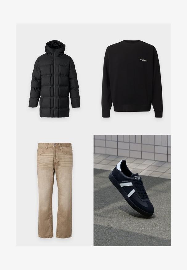 Sort puffjakke med hætte, lynlås-lukning, quiltet design med rektangulære paneler og en glat overflade.; Replay Inc. Sweatshirt - black; Beige denim jeans med lige ben, der har fem lommer, en knaplukning og subtile falmninger i stoffet.; Sort lædersneaker med hvide striber, tekstureret gummisål og snørrebånd foran. Har et brandet mærke på tungen.