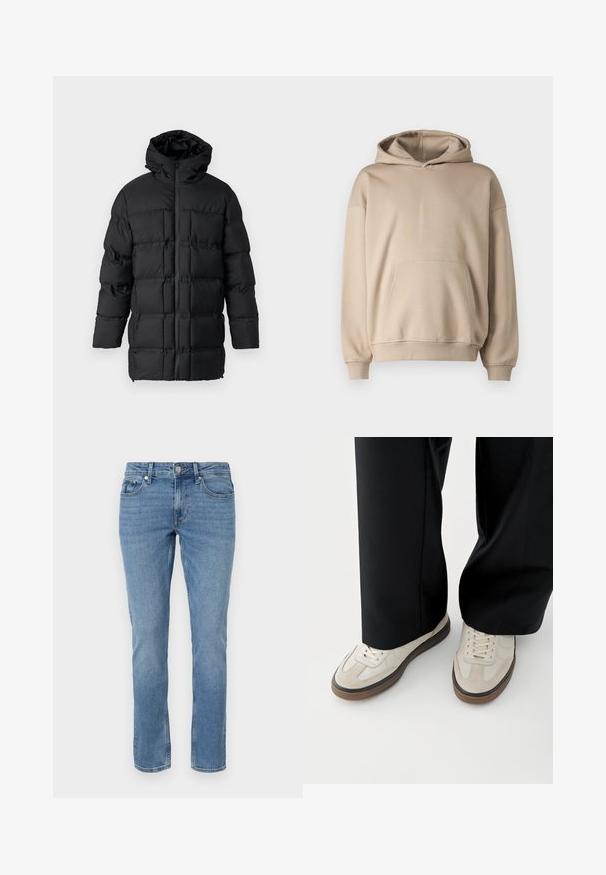 Sort puffjakke med hætte, lynlås-lukning, quiltet design med rektangulære paneler og en glat overflade.; Beige hætte sweatshirts, blødt stof, løs pasform, kengurulomme, ribbede manchetter og kant, minimalistisk design, glat tekstur.; Blå lige ben denim jeans med for lommer, bæltesløjfer og knaplukning.; Fødder iført beige sneakers med brune såler og sorte bukser med vide ben på hvid baggrund.