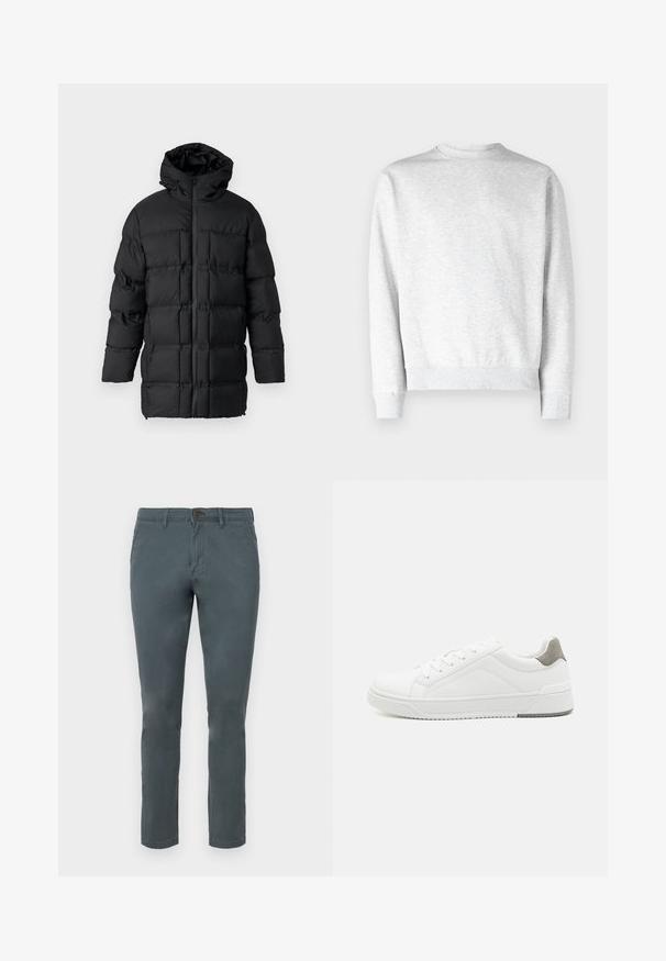 Sort puffjakke med hætte, lynlås-lukning, quiltet design med rektangulære paneler og en glat overflade.; Lys grå crewneck sweatshirt lavet af blødt fleece-materiale, med ribbestrikkede manchetter og kant, samt en glat, tekstureret overflade.; Grå bomuldsblandingsbukser med slim fit, knaplukning og to frontlommer. Glat tekstur og lige ben-design.; Hvid sneaker lavet af glat læder, rund tå, minimalistisk design, grå hælafsats og tekstureret gummisål.