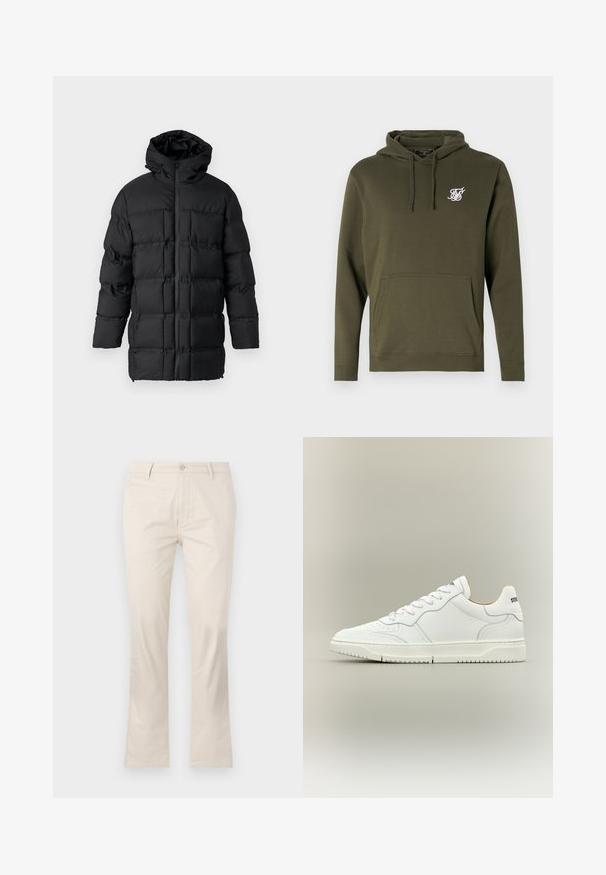 Must on must teguri jope, millel on kapuuts, lukuga sulgemine, tikandiga disain, millel on ristkülikukujulised paneelid ja sile tekstuur.; Olive roheline puuvillane känguruhoodie, millel on eesmine tasku, nööriga kapuuts ja valge tikkpaste logo rinnal. Sile tekstuur ja regulaarne lõike.; Beesidised puuvillased püksid otse lõikega, millel on nööbid, vöökohad ja küljetaskud.; Valge madala säärega tennisking, millel on paelakinnitus, sile nahast pealiskate ja kandmises eristuv brändi detail, kujutatud neutraalse tausta ees.