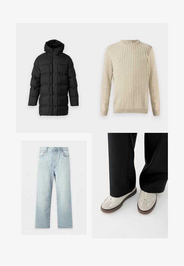 Schwarze Pufferjacke mit Kapuze, Reißverschluss, gestepptem Design mit rechteckigen Paneelen und glatter Textur.; Only & Sons ONSBRANT CREW KNIT - T-Shirt print - beige; Hellblaue Jeans mit weitem Bein, fünf Taschen, Knopf- und Reißverschluss sowie leicht ausgewaschenem Look, flach auf weißem Hintergrund liegend.; Füße mit beigen Sneakers mit braunen Sohlen und schwarzen Hosen mit weitem Bein auf weißem Hintergrund.
