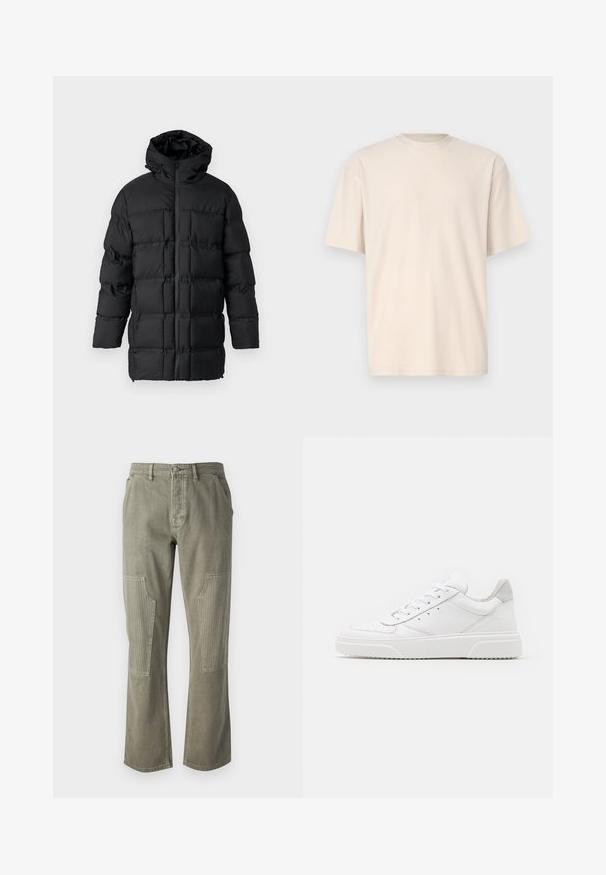 Schwarze Pufferjacke mit Kapuze, Reißverschluss, gestepptem Design mit rechteckigen Paneelen und glatter Textur.; Only & Sons ONSFRED RELAXED PLIZZE TEE - T-Shirt basic - moonstruck; Olivgrüne Baumwollhosen mit geradem Bein, ausgestattet mit gerippten Akzenten an den Pattentaschen und kontrastierenden Nähten.; Weiße Leder-Sneaker mit glatter Oberfläche, rundem Zehenbereich, flachen Schnürsenkeln und strukturiertem Schuhsohlen. Graues Wildleder-Detail an der Ferse.
