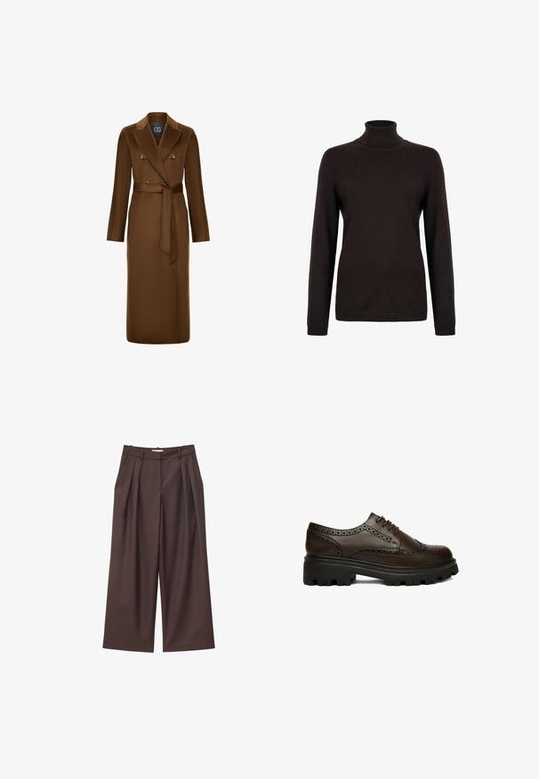 Manteau marron croisé avec une taille ceinturée, des manches longues et une finition en tissu texturé. Design de col remarquable et accents de boutons.; Pull noir à col roulé à manches longues, coupe ajustée avec bords côtelés au niveau du col, des poignets et de l'ourlet.; Pantalon marron taille haute à jambes larges avec plis sur le devant, passants pour ceinture et fermeture éclair dissimulée à l'avant.; Chaussure brogue en cuir marron foncé avec détails perforés et semelle épaisse en caoutchouc noire, vue de côté sur fond blanc.