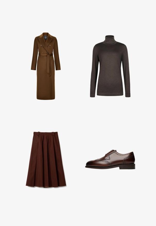 Brauner, doppelt knöpfbarer Mantel mit tailliertem Schnitt, langen Ärmeln und strukturiertem Stofffinish. Auffälliges Reversdesign und Knopfakzente.; Brauner Rollkragenpullover aus weichem Stoff. Mit langen Ärmeln und slim-fit Design. Glatte Textur mit geripptem Kragen und Saum.; Brauner plissierter Rock aus glattem Stoff, mit hoher Taille und rohem Saum. Das Design zeichnet sich durch eine fließende Silhouette und klare Linien aus.; Braune Leder-Dressschuhe mit Brogue-Details, runder Zehenform und fünf Ösen für die Schnürung, die auf einer flachen, strukturierten Laufsohle ruhen.
