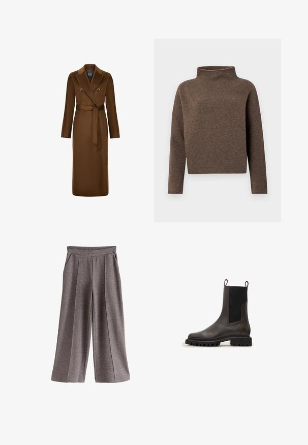 Brun, dobbeltradet frakke med bælte i taljen, lange ærmer og en tekstureret stoffinish. Bemærkelsesværdig reversdesign og knapdetaljer.; Brun, cropped sweater med en høj, fold-over hals, lange ærmer og et blødt, tekstureret stof. Minimalistisk design uden synlig hardware.; Grå vidde bukser med blødt stof, der har en flad linning, frontlokker og sidelommer. Enkel og alsidig design.; Brune læder chelsea støvle med elastiske sidepaneler, en pull-tab og en robust gummisål med dybe riller til traction.