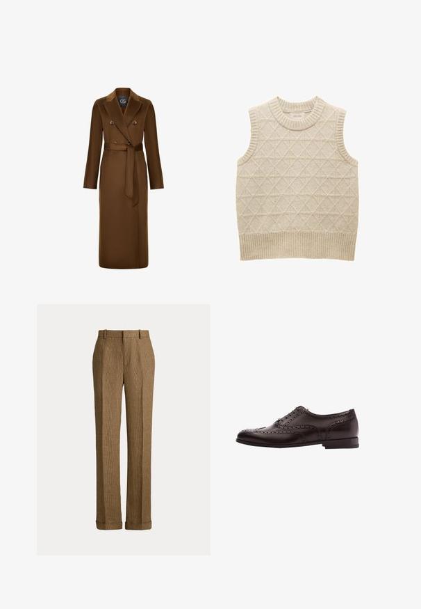 Brun, dobbeltradet frakke med bælte i taljen, lange ærmer og en tekstureret stoffinish. Bemærkelsesværdig reversdesign og knapdetaljer.; Beige strikket ærmeløs sweater med diamantmønster, ribbet krave og kant, lavet af blødt materiale for komfort. Mærket er synligt indeni.; Brune ternede bukser med lige ben, bæltestropper og opsmøgede kanter vist mod en ensfarvet baggrund.; Brune læder dress sko med brogue-detaljer, snørebånds lukning, rund tå og en lav stablet hæl. Poleret finish og indviklede perforeringer.