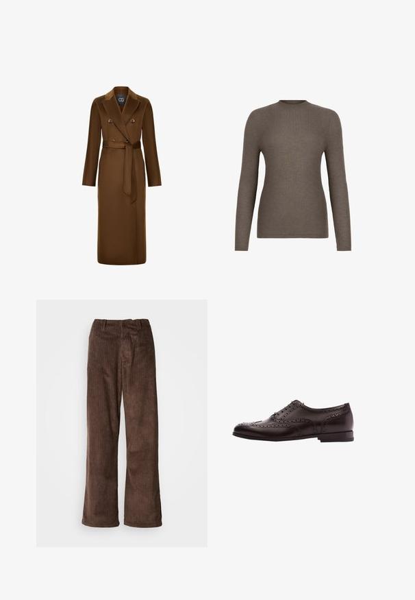 Brun, dobbeltradet frakke med bælte i taljen, lange ærmer og en tekstureret stoffinish. Bemærkelsesværdig reversdesign og knapdetaljer.; Brun ribstrikket langærmet sweater med rund hals, tætsiddende silhuet og sømløs kant mod en hvid baggrund.; Brune fløjl bukser med en bred benudskæring, der har lodrette ribber og en talje. Stoffet har et blødt, tekstureret udseende.; Brune læder dress sko med brogue-detaljer, snørebånds lukning, rund tå og en lav stablet hæl. Poleret finish og indviklede perforeringer.