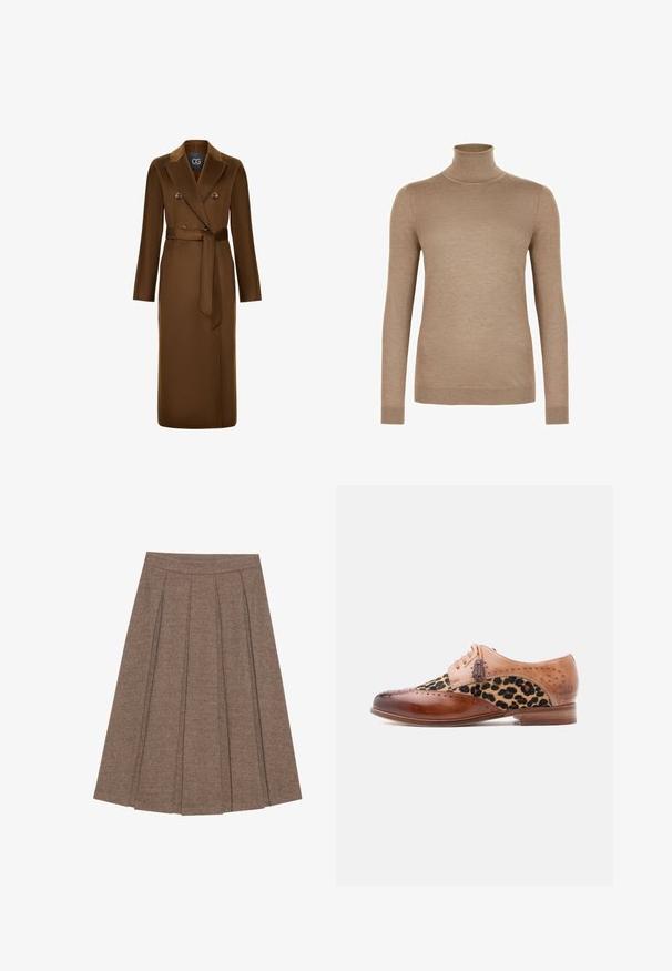 Brun, dobbeltradet frakke med bælte i taljen, lange ærmer og en tekstureret stoffinish. Bemærkelsesværdig reversdesign og knapdetaljer.; Beige langærmet tætsiddende rullekravesweater med ribkanter ved ærmer og kant, vist på hvid baggrund.; Plisseret nederdel i brunt stof med fiskebensmønster, med en tætsiddende talje og en udvidet silhuet, der giver en struktureret tekstur og design.; Brun lædersko med leopardprintstofpanel, brogue-detaljer, frynse-laces og lavt træhæl.