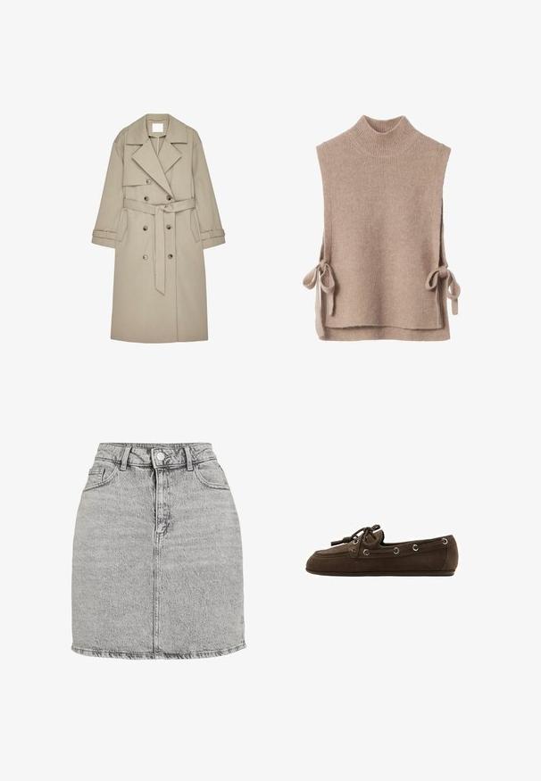 Gabardina beige hecha de un tejido texturizado, con un frente de doble botonadura, amplios solapas, un cinturón y dos bolsillos laterales.; Jersey sin mangas beige con cuello alto, lazos laterales para el cierre, textura suave y un ajuste ligeramente holgado.; Falda de mezclilla gris con cintura alta, cierre de botones en la parte delantera y dos bolsillos laterales. Presenta un dobladillo deshilachado y una textura sutilmente lavado a la piedra.; Mocasín de ante marrón oscuro con lazo de cordones y ojales metálicos, suela plana, vista lateral.
