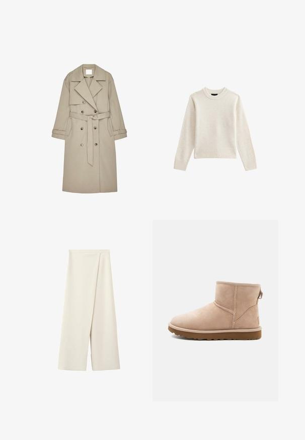 Gabardina beige hecha de un tejido texturizado, con un frente de doble botonadura, amplios solapas, un cinturón y dos bolsillos laterales.; Suéter de punto beige claro con cuello redondo acanalado y dobladillo, con mangas largas y una silueta relajada. Textura suave y diseño minimalista.; Pantalones anchos color crema con cintura alta y un detalle de solapa superpuesta en la parte delantera.; Botín de ante beige con punta redonda, acentos cosidos y suela de goma marrón texturizada. Presenta una pestaña en la parte trasera.