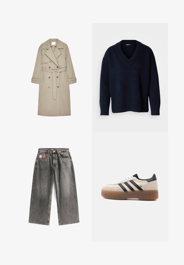 Gabardina beige hecha de un tejido texturizado, con un frente de doble botonadura, amplios solapas, un cinturón y dos bolsillos laterales.; Jersey de punto azul marino oscuro con cuello en V, mangas largas y puños y bajo acanalados, exhibido sobre un fondo liso.; Jeans de pierna ancha en denim negro desgastado con un cierre de botón al frente, cinco bolsillos y una pequeña etiqueta roja y blanca en el bolsillo trasero.; Zapatilla blanca y beige con rayas negras, lengüeta trasera negra, etiqueta "Spezial" en dorado y suela marrón translúcida y gruesa.