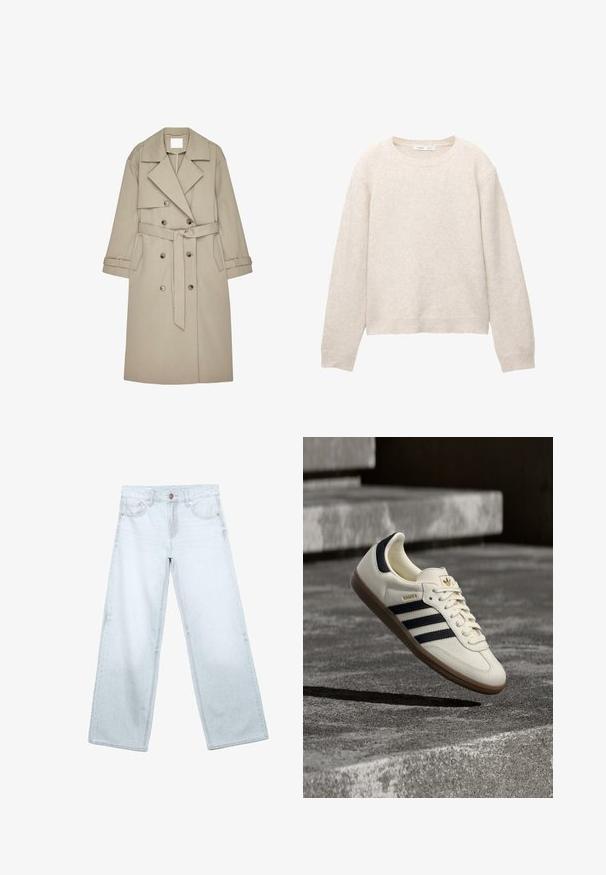 Beige Trenchcoat aus einem strukturierten Stoff, mit doppelt geknöpftem Front, breiten Revers, einem Gürtel und zwei seitlichen Taschen.; Beiger, gestrickter Pullover mit Rundhalsausschnitt, langen Ärmeln sowie gerippten Bündchen und Saum, flach auf einem weißen Hintergrund liegend.; Hellblaue Jeans mit weitem Bein, Vordertaschen, Gürtelschlaufen und einer Knopfverschluss vor weißem Hintergrund.; Weißer Adidas Samba Sneaker mit schwarzen Streifen und Gummisohle, schwebend über strukturierten grauen Betontreppen.