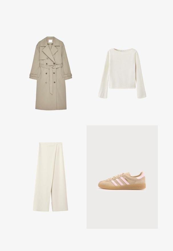 Gabardina beige hecha de un tejido texturizado, con un frente de doble botonadura, amplios solapas, un cinturón y dos bolsillos laterales.; Jersey de manga larga color blanco hueso con un amplio escote redondo y mangas ligeramente acampanadas, hecho de tejido de punto suave.; Pantalones anchos color crema con cintura alta y un detalle de solapa superpuesta en la parte delantera.; Zapatilla beige Adidas Munich con rayas rosas, suela de goma y texto dorado "Munich" en el lateral, mostrada desde el interior sobre fondo blanco.