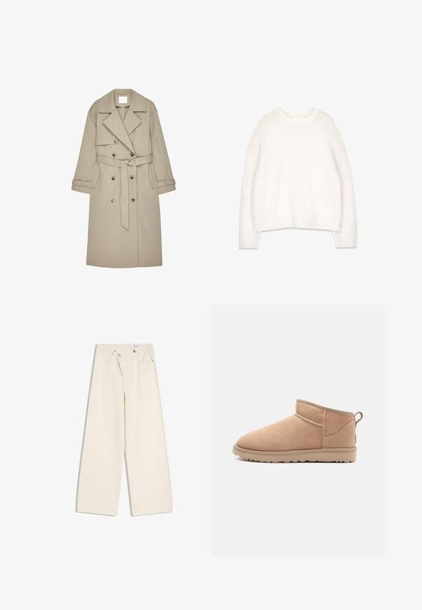 Beige Trenchcoat aus einem strukturierten Stoff, mit doppelt geknöpftem Front, breiten Revers, einem Gürtel und zwei seitlichen Taschen.; Weißer, flauschiger Pullover mit rundem Ausschnitt, langen Ärmeln und lockerer Passform. Hergestellt aus weichem, strukturiertem Stoff, mit gerippten Bündchen und Saum.; Off-White weite Hosen mit Vordertaschen, Gürtelschlaufen und silbernen Knöpfen an Bund und Taschenrändern.; Beige Wildleder-Ankle-Boot mit abgerundetem Zehenbereich, weicher Textur, schlichtem Design und einer flachen Gummisohle. Mit einer Zuglasche auf der Rückseite.