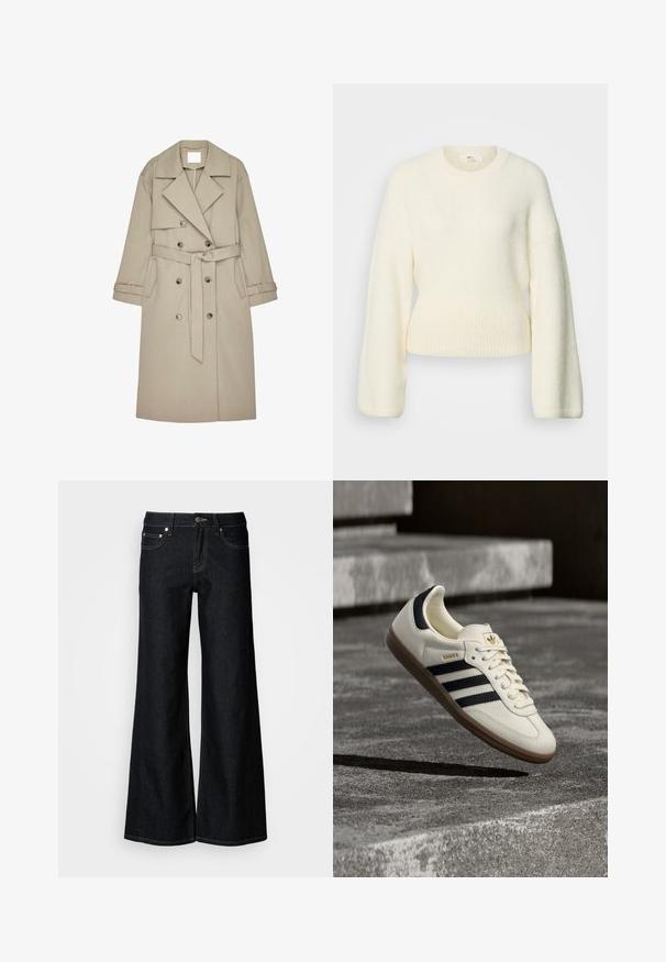 Gabardina beige hecha de un tejido texturizado, con un frente de doble botonadura, amplios solapas, un cinturón y dos bolsillos laterales.; Suéter de punto color crema, de manga larga, con cintura acanalada y cuello redondo, mostrado sobre un fondo blanco.; Pantalones vaqueros de pierna ancha y denim oscuro, con cintura alta, diseño de cinco bolsillos y costuras contrastantes en color amarillo a lo largo de las costuras.; Zapatilla blanca Adidas Samba con franjas negras y suela de goma, flotando sobre escalones de hormigón gris texturizado.
