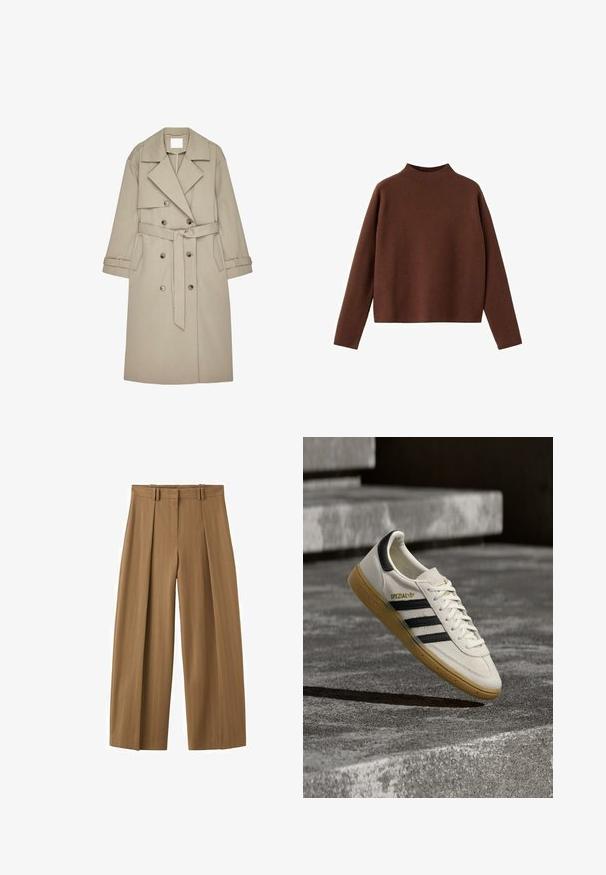 Beige trenchcoat gemaakt van een gestructureerde stof, met een dubbelzijdige voorkant, brede revers, een riem en twee zijzakken.; Bruine, lange mouwen trui met een hoge hals. Gemaakt van een zachte, gestructureerde stof. Heeft een ontspannen, boxy vorm en een minimalistisch ontwerp.; Brunette hoge taille wijde broek met subtiele krijtstrepen, plooien aan de voorkant, lussen voor een riem en een verborgen rits aan de voorkant.; Witte Adidas Spezial sneaker met zwarte strepen en gumzool, zwevend boven grijze stenen trappen buiten.