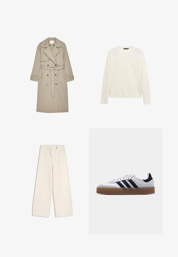 Beige Trenchcoat aus einem strukturierten Stoff, mit doppelt geknöpftem Front, breiten Revers, einem Gürtel und zwei seitlichen Taschen.; Weißer Langarmpullover mit Rundhalsausschnitt, gerippten Bündchen und Saum, vor einem schlichten weißen Hintergrund präsentiert.; Off-White weite Hosen mit Vordertaschen, Gürtelschlaufen und silbernen Knöpfen an Bund und Taschenrändern.; Weiße Leder Sneakers mit schwarzen Streifen, Gummigummi-Außensohle, runder Zehenform, Schnürverschluss und weichem grauem Wildleder-Zehenkappe.