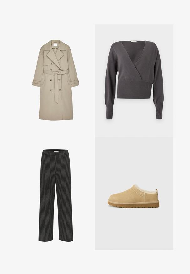 Beige trenchcoat gemaakt van een gestructureerde stof, met een dubbelzijdige voorkant, brede revers, een riem en twee zijzakken.; Grijze cropped trui met V-hals, lange mouwen, geribde zoom en manchetten, en een zachte gebreide textuur. Klassiek ontwerp met minimale details.; Zwarte wijde broek met witte streepjes, gemaakt van een gladde stof. Beschikt over riemlussen en een op maat gemaakt ontwerp voor een verzorgde uitstraling.; Suède instap schoenen in licht bruin, met een zachte bontvoering en een gemeleerde rubberen zool met een lichte hak en een trekhaakje aan de achterkant voor gemakkelijk aan- en uittrekken.