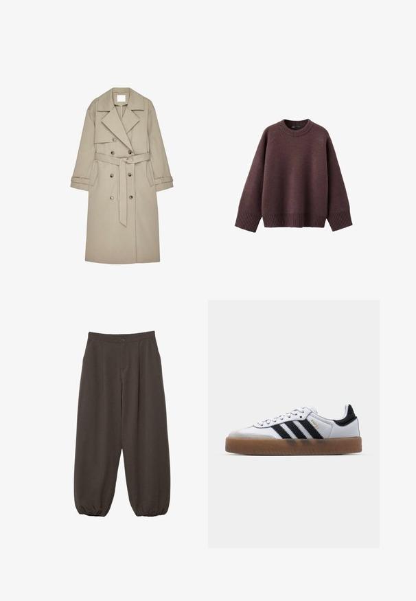 Beige trenchcoat lavet af et tekstureret stof, med en dobbeltradet front, brede revers, et bælte og to sidelommer.; Løs pasform sweater i mørk bordeaux, lavet af blødt strikket stof. Har en ribstrikket rund hals, vide ærmer og en ribstrikket kant.; Mørkebrune løstsiddende bukser med knaplukning, læg foran og elastiske manchetter ved anklerne.; Hvide lædersneakers med sorte striber, gummirubber sål, rund tå, snørelukning og blød grå ruskinds tåhætte.