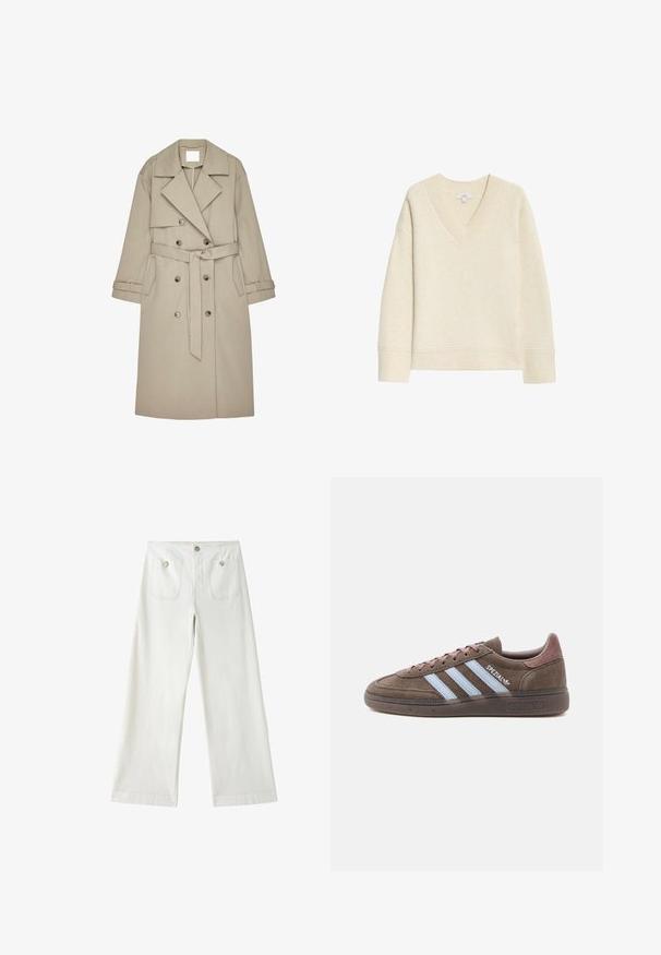 Beige Trenchcoat aus einem strukturierten Stoff, mit doppelt geknöpftem Front, breiten Revers, einem Gürtel und zwei seitlichen Taschen.; Cremefarbener, gerippter Strickpullover mit V-Ausschnitt, langen Ärmeln und einer leicht lockeren Passform. Mit einem Bündchen am Saum und an den Ärmelabschlüssen.; Weiße Hosen mit weitem Bein, zwei vorderen aufgesetzten Taschen mit Knöpfen und einem vorderen Reißverschluss mit Knopfverschluss.; Brauner Wildleder Adidas Sneaker mit drei hellblauen Streifen, pinken Schnürsenkeln und "SPEZIAL" Text an der Seite, von der Außenseite gezeigt.